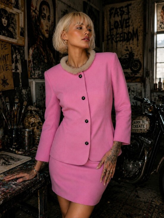 Laurèl Dresses & Skirts - Vintage Laurèl Pink Angora & Virgin Wool Fur Trim Skirt Suit Set